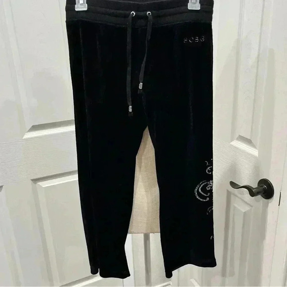 BCBG MAXAZRIA VELOUR CROPPED TRACK PANTS WITH WAIST TIE AND SILVER FOIL DETAIL - Picture 2 of 5